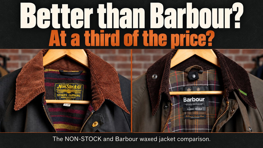 YouTube review thumbnail showing NON-STOCK and Barbour jacket collars side by side, with the headline: Better than Barbour? At a third of the price?
