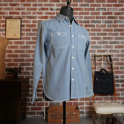 Front view of the blue and ecru hickory stripe cotton work shirt on a mannequin.